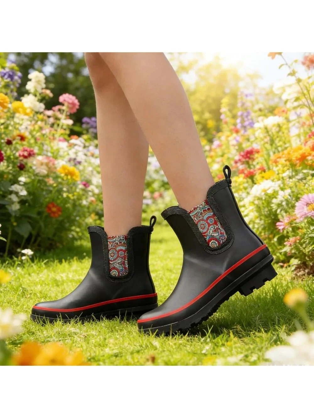 Women's Black Light Ankle Garden Anti-Slipping Floral Printed Stylish Rain Boots